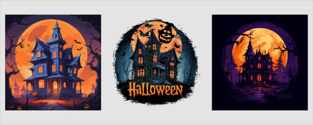 A spooky haunted house on Halloween night with pumpkins and a full moon. The house is lit with orange light, creating an eerie and festive atmosphere.のイラスト素材