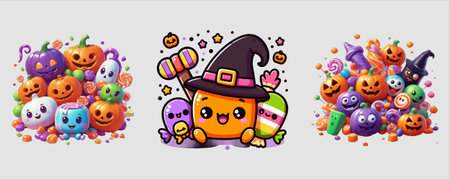 A cute Halloween illustration featuring a pumpkin with a witch hat, perfect for seasonal designs and decorations. Vector illustration, kawaii style, colorful.のイラスト素材