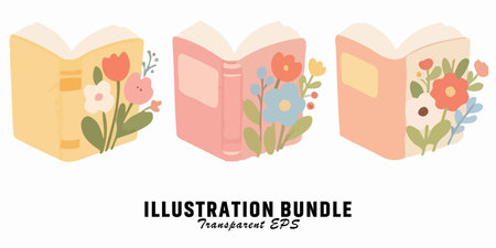Set of books with flowers and leaves. Vector illustration in flat styleのイラスト素材
