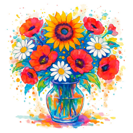 Bouquet of poppies and daisies in a vase. Vector illustration.のイラスト素材