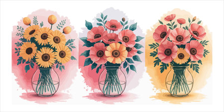 Vector set of four watercolor bouquets of flowers in vaseのイラスト素材