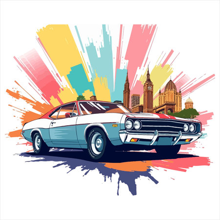 Vintage car on the background of the city. Vector illustration.のイラスト素材