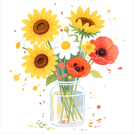 Bouquet of sunflowers in a glass vase. Vector illustrationのイラスト素材