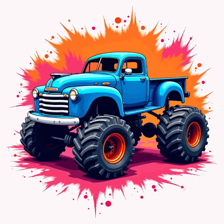 Vector illustration of a blue monster truck on grunge splashes backgroundのイラスト素材