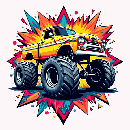 Vector illustration of a cartoon off-road monster truck on colorful background.のイラスト素材