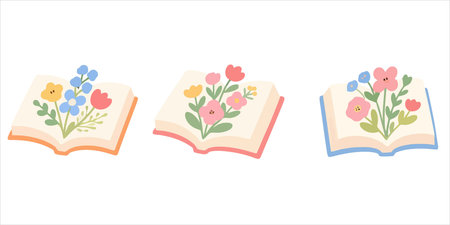 Three open books with flowers create a whimsical and charming scene, perfect for lovers of literature and floral arrangements, isolated on white background.のイラスト素材