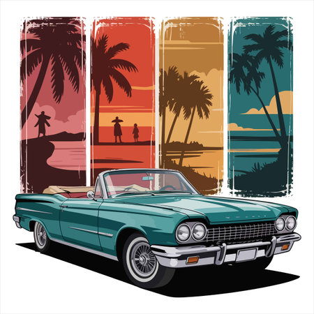 A vintage car is parked near a tropical beach with palm trees, capturing the essence of a relaxing vacation and a scenic coastal landscape view.のイラスト素材
