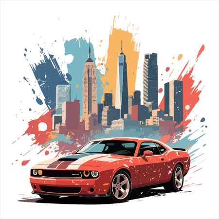 A red car is parked in front of a city skyline, with paint splatters adding a touch of artistry. It is a blend of classic and modern design elements.のイラスト素材