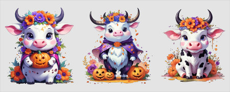 Three cute cows dressed in Halloween costumes, each holding a pumpkin and adorned with floral wreaths, set against a clean background. Festive and adorable.のイラスト素材