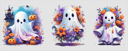Three delightful ghosts adorned with vibrant flowers and pumpkins create a cheerful Halloween atmosphere. A whimsical and festive design for seasonal celebrations.のイラスト素材
