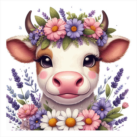 A charming illustration of a cow adorned with a flower crown, set against a clean white backdrop. The artwork is cute, floral, and full of spring details.のイラスト素材