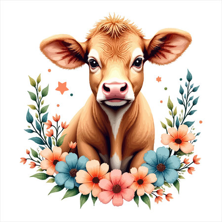 A delightful calf portrait, surrounded by a beautiful arrangement of flowers. The artwork captures the innocence and charm of young farm animals.のイラスト素材