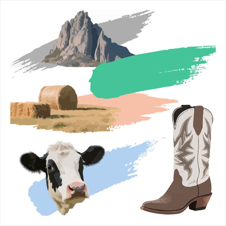 A charming illustration of a western landscape with a cow, boots, hay bales, and a mountain backdrop. Ideal for ranch or country-themed designs. Isolated on white.のイラスト素材