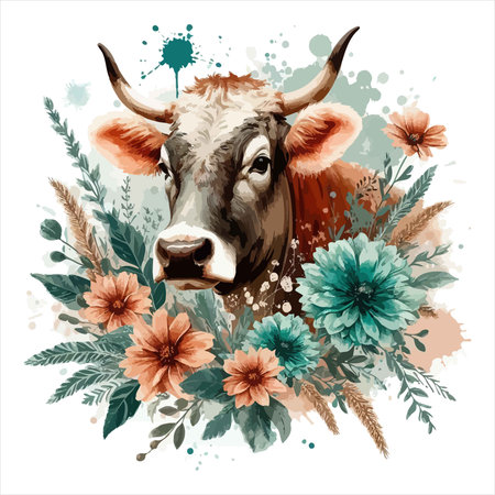 A delightful watercolor illustration of a cow surrounded by flowers. The artwork is perfect for adding a touch of rustic charm to any project.のイラスト素材
