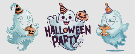 Three cute ghosts are celebrating Halloween party. They are wearing hats and holding pumpkins. Halloween party is written in the middle. Vector illustration.のイラスト素材