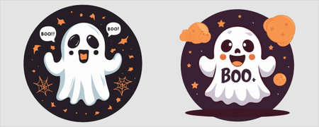 A cute cartoon ghost says boo. This image is perfect for Halloween decorations, greeting cards, and other festive projects. It is sure to bring a smile to everyone's face.のイラスト素材