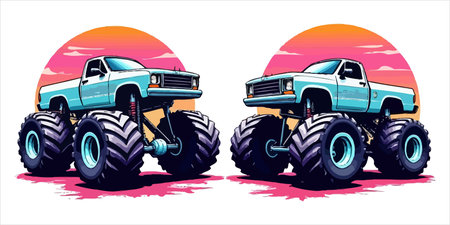 Two monster trucks are showcased against a sunset backdrop, embodying power and retro charm. The...