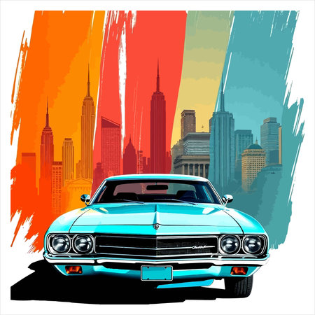 Retro car on the background of the city. Vector illustration.のイラスト素材