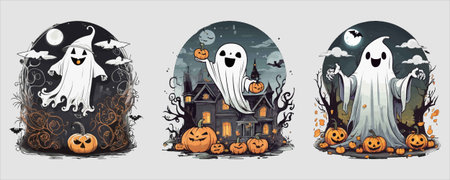 Halloween set with ghost and haunted house. Vector illustration in cartoon style.
