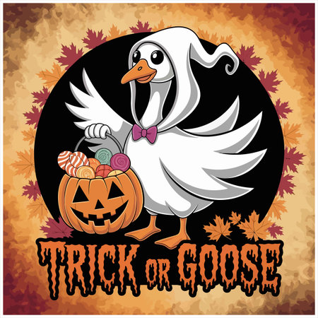A charming digital artwork depicts a white goose dressed as a ghost, complete with a flowing white sheet. The goose holds a carved pumpkin overflowing with colorful Halloween candies. Festive autumn leaves and the text 'Trick or Goose' frame the whimsical scene, perfect for seasonal celebrations.のイラスト素材