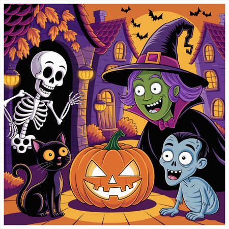 A vibrant and spooky Halloween scene perfect for decorations or invitations. It features a smiling skeleton, a wicked witch, a startled vampire, and a black cat gathered around a glowing jack-o'-lantern, set against a backdrop of haunted houses and autumn leaves.のイラスト素材