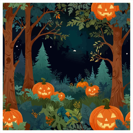 A festive and eerie Halloween scene set in a dark forest. Numerous glowing jack-o'-lanterns are scattered amongst shadowy trees and dense foliage, illuminated by a dim, mystical light under a starry, deep blue night sky.のイラスト素材