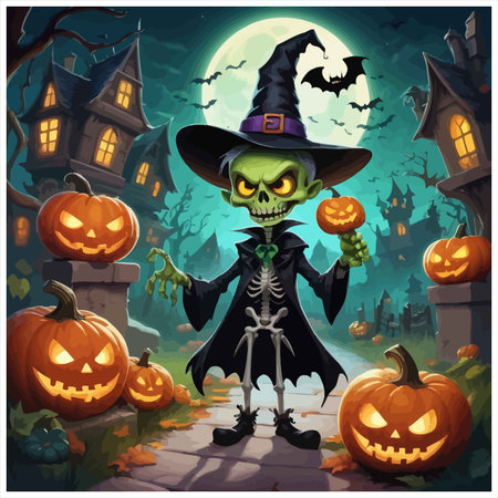 A whimsical Halloween scene featuring a friendly cartoon skeleton witch wearing a pointed hat and cloak, surrounded by glowing jack-o'-lanterns and haunted houses. The full moon shines brightly in the night sky, casting an eerie yet cheerful glow on this festive holiday backdrop.のイラスト素材