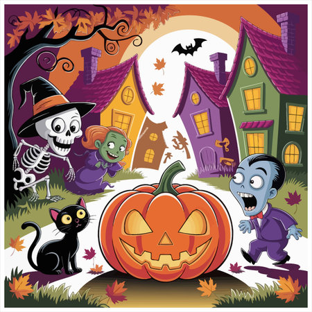 A whimsical Halloween scene featuring a friendly skeleton dressed as a witch, a black cat, a grinning jack-o'-lantern, and a zombie, all set against a backdrop of quirky haunted houses and a full moon. Perfect for festive decorations and invitations.のイラスト素材