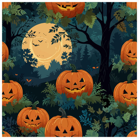 A festive Halloween scene featuring glowing jack-o'-lanterns scattered across a forest floor under a large, bright full moon. The atmosphere is eerie and magical, perfect for seasonal decorations and designs.のイラスト素材