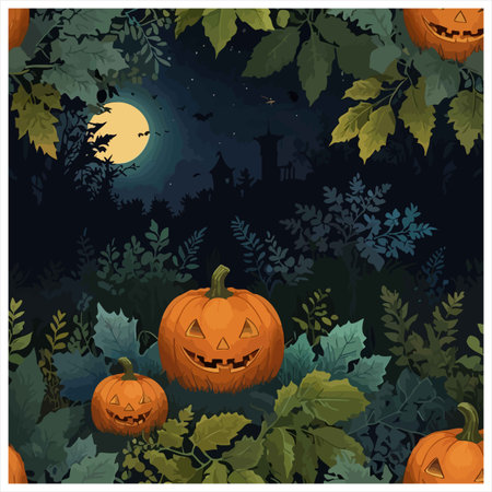 Experience the eerie charm of Halloween with this captivating scene. Adorable jack-o'-lanterns peek through lush foliage under a bright full moon, creating a festive and mysterious atmosphere perfect for the spooky season.のイラスト素材