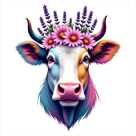 This charming digital artwork features a beautifully rendered cow with a vibrant watercolor aesthetic. The cow wears a delicate crown of pink flowers and purple lavender, creating a whimsical and endearing portrait perfect for rustic or farm-themed designs.のイラスト素材
