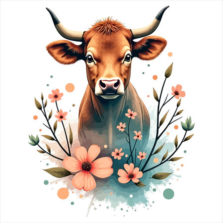 Experience the serene beauty of this detailed artwork featuring a powerful bull adorned with soft watercolor floral accents. This image captures a harmonious blend of strength and gentleness, perfect for adding a touch of nature-inspired charm to any design project.のイラスト素材