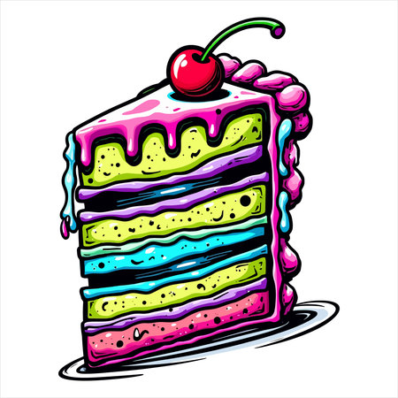 Piece of cake with cherry. Vector illustration on white background.のイラスト素材