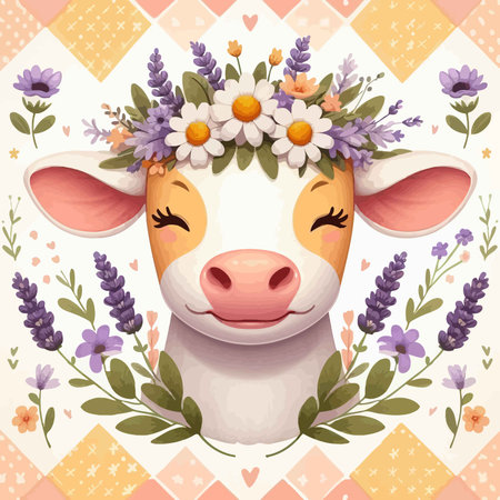A delightful cartoon cow with closed eyes and a gentle smile wears a beautiful crown of daisies and lavender. The cow is framed by sprigs of lavender and leaves, set against a soft patterned background creating a charming and serene pastoral scene.のイラスト素材
