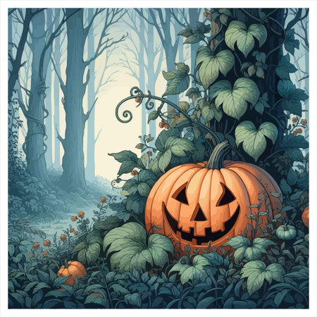 A classic Halloween scene unfolds with a grinning jack-o'-lantern nestled amongst lush foliage. A full moon peeks through silhouetted trees in a hauntingly beautiful forest setting, evoking the spirit of the holiday.のイラスト素材