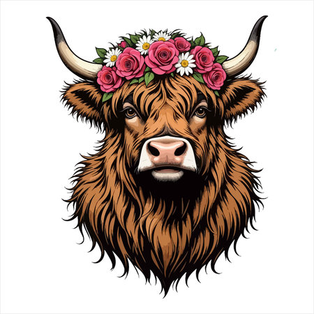A striking portrait of a Highland cow adorned with a vibrant floral headdress featuring roses and...