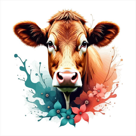 A striking close-up of a brown cow's face adorned with vibrant watercolor splashes in teal and pink hues, surrounded by colorful floral elements. This artistic depiction captures the essence of rural life with a modern, painterly flair.のイラスト素材