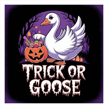 A cartoon goose is holding a pumpkin full of candy. It is Halloween and the goose is ready to trick or treat. The background is black with a spooky forest.のイラスト素材