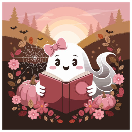 A cute ghost is reading a book in an autumn landscape with pumpkins, flowers, bats, and a sunset. It is a festive autumn scene, perfect for Halloween.のイラスト素材
