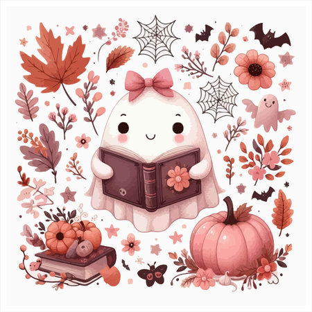 Cute cartoon ghosts, pumpkins, flowers, leaves, spiders, butterflies, book. Halloween vector illustration.のイラスト素材