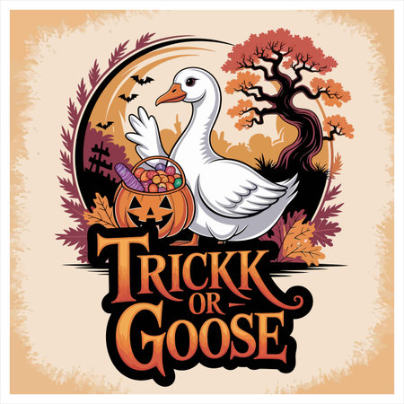 A cute goose holds a pumpkin bucket full of candy, perfect for Halloween. With bats and a spooky tree, this image is sure to bring a smile this fall.のイラスト素材