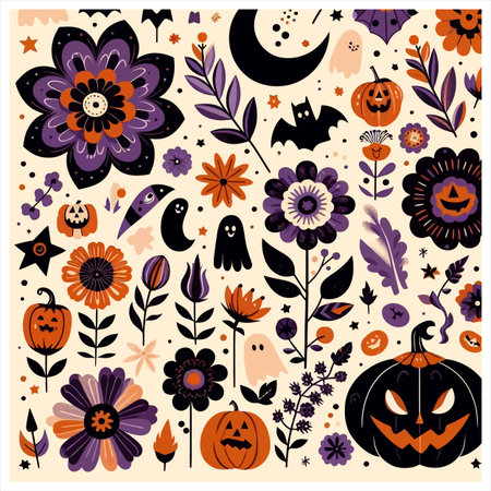 A Halloween pattern with flowers, pumpkins, ghosts, bats, moon, and stars. The pattern is colorful and whimsical, creating a fun and festive atmosphere.のイラスト素材