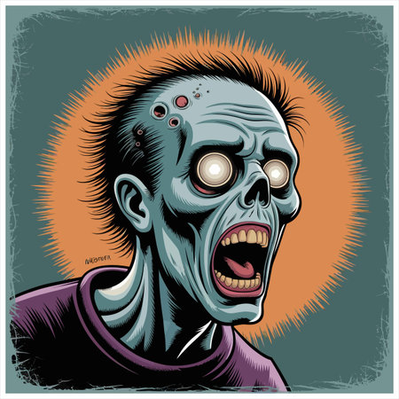A scary zombie with glowing eyes screams. The undead monster is a horror creature, perfect for Halloween and spooky themes. The illustration is graphic.のイラスト素材