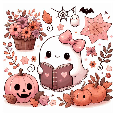 A cute Halloween ghost isolated on white background. The kawaii character is surrounded by pumpkins, flowers, and other festive decorations for the season.のイラスト素材