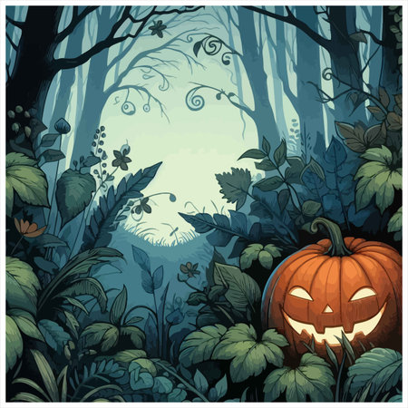 A halloween pumpkin in a spooky forest at night. The pumpkin is glowing and has a carved face. The forest is dark and eerie. Perfect for halloween projects.のイラスト素材