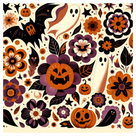 A festive Halloween pattern featuring pumpkins, ghosts, bats, and flowers in orange, purple, black, and white. Perfect for holiday decorations and celebrations.のイラスト素材