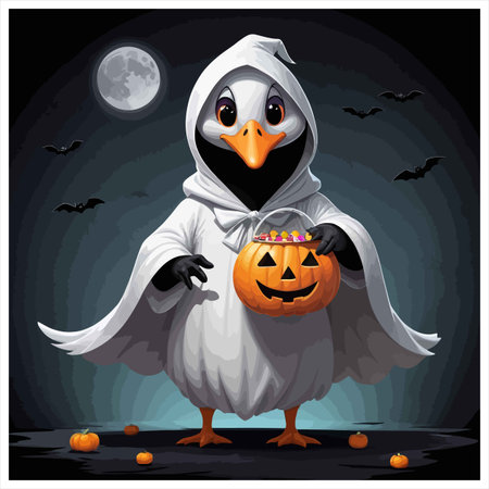 A cute duck dressed as a ghost for Halloween, holding a pumpkin bucket under the moonlight with bats flying around. Perfect for festive decorations.のイラスト素材