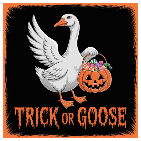 A humorous Halloween illustration featuring a goose carrying a pumpkin bucket filled with candy, perfect for adding a touch of fun to your holiday designs.のイラスト素材