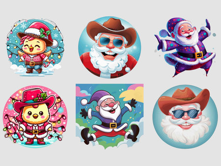 Merry Christmas and Happy New Year icon set. Santa Claus, elf, snowman, snowman, elf, elf, snowman, elf.のイラスト素材