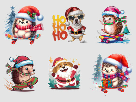 Set of Christmas and New Year illustrations. Cute cartoon animals in santa claus clothes, snowboard, skateboard, bulldog, hedgehog.のイラスト素材